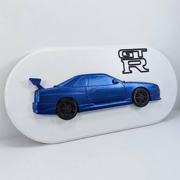 R34 GTR Wall Art Plaque Display Mounted Vehicle - White and Blue