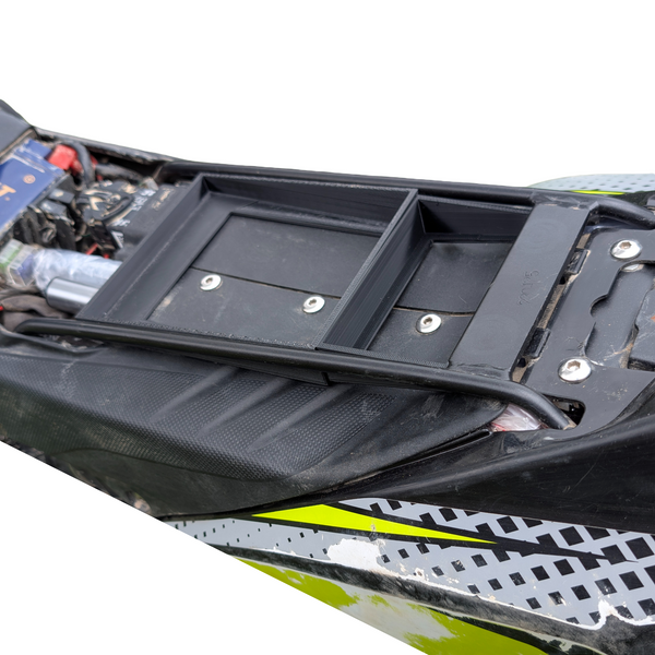 Motorcycle Under-Seat Storage System for Aprilia RX125 / Mondial SMX 125 / UM DSR 125EX (2018-2026) | No-Drill Slide-in Tool Organizer & Hidden Gear Compartment | Off-Road Tested