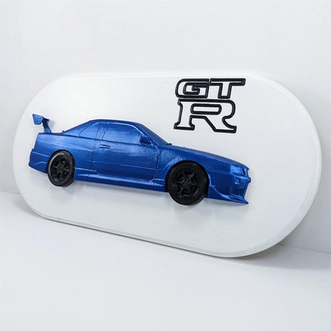 R34 GTR Wall Art Plaque Display Mounted Vehicle - White and Blue